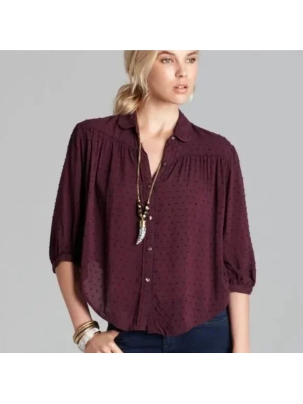 Free People Burgandy Swiss Dot Button Down